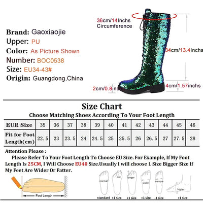 Knee-High Boots Women Flat Gothic Fashion Low Heel Shoes Autumn Winter Sequins Heels Bling Bling Silver Luxury Womens Long Boots