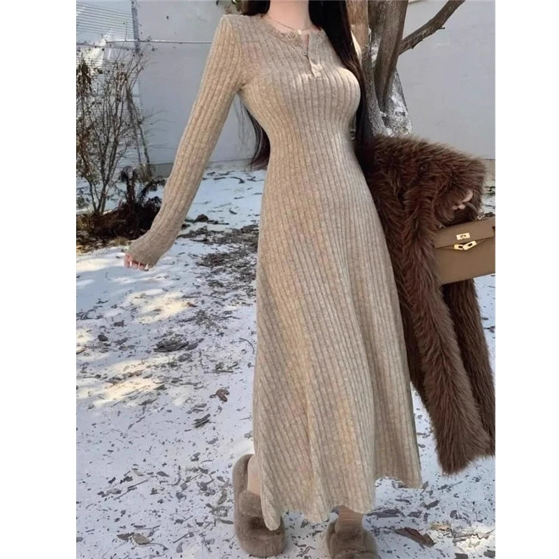 Knitted Sweater Dress Women Casual Long Sleeve French Mid Long Length Knee Dress Coat Ins Fashion Winter Versatile Wardrobe