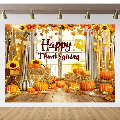 Autumn Thanksgiving Party Photo Backdrop Farm Harvest Maple Leaves Sunflowers Scarecrow Pumpkin Backdrop Poster Studio Photozone