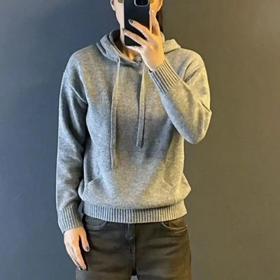 Hooded Pullover Sweater For Men Casual Daily Wear Solid Color With Front Pocket Computer Knitted Design