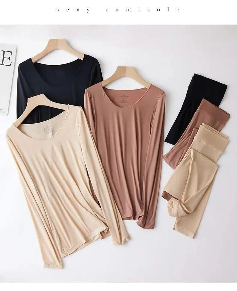 Women Thermal Underwear Long Sleeves Bottoming Shirt Pullover Elastic Casual Solid Top
