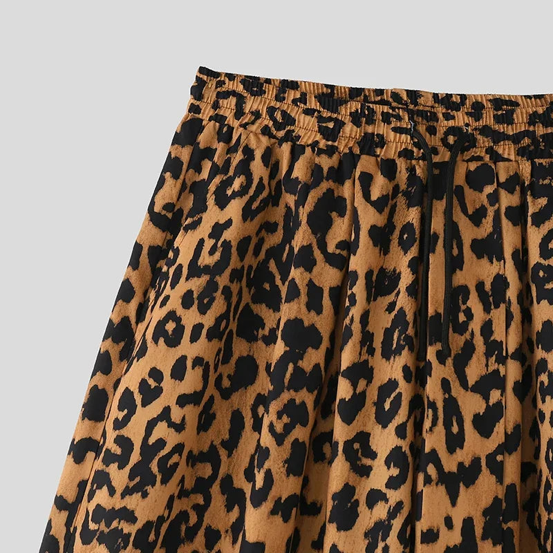 Men Wide Leg Pants Leopard Printing Drawstring Joggers Casual Trousers Men Streetwear 2025 Oversize Pleated Long Pants INCERUN