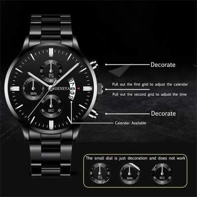 Fashion Mens Watches Luxury Black Stainless Steel Quartz Wrist Watch Man Business Watch for Men Calendar Clock Reloj Hombre