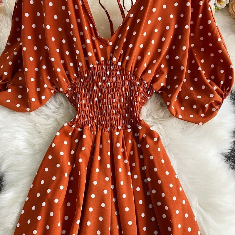 V Neck Sexy Dolman Sleeves Waist Slim Polka Dot Print Jumpsuit Women Wide Leg Trousers Jumpsuit