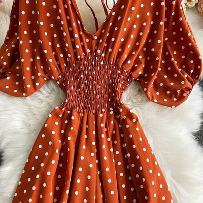 V Neck Sexy Dolman Sleeves Waist Slim Polka Dot Print Jumpsuit Women Wide Leg Trousers Jumpsuit