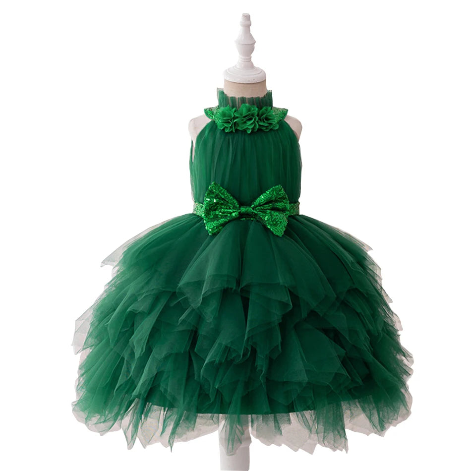 Christmas Dresses Girl Cartoon Print Princess Dress Children Red and Green Sequined Mesh Puff BalL Gown Carnival Clothes