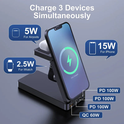 260W Magnetic Wireless Charging Station GaN USB TypeC Charger PPS PD Fast Charge For iPhone 16 15 IWatch AirPods Foldable Holder