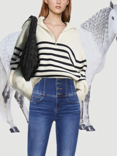 Oversize Fashion Women Sweaters 2025 Zip Thick Fall Loose Knit Jumper Turtleneck Turn-down Collar Casual Women's Striped Sweater