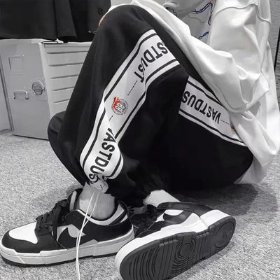 Men New Pant Casual Sweat Pants Solid Color Loose Drawstring Wide-leg Letter Trouser Fashion Straight Casual Pants for Men