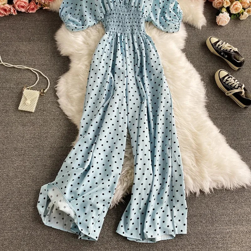 V Neck Sexy Dolman Sleeves Waist Slim Polka Dot Print Jumpsuit Women Wide Leg Trousers Jumpsuit