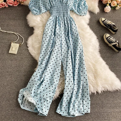 V Neck Sexy Dolman Sleeves Waist Slim Polka Dot Print Jumpsuit Women Wide Leg Trousers Jumpsuit
