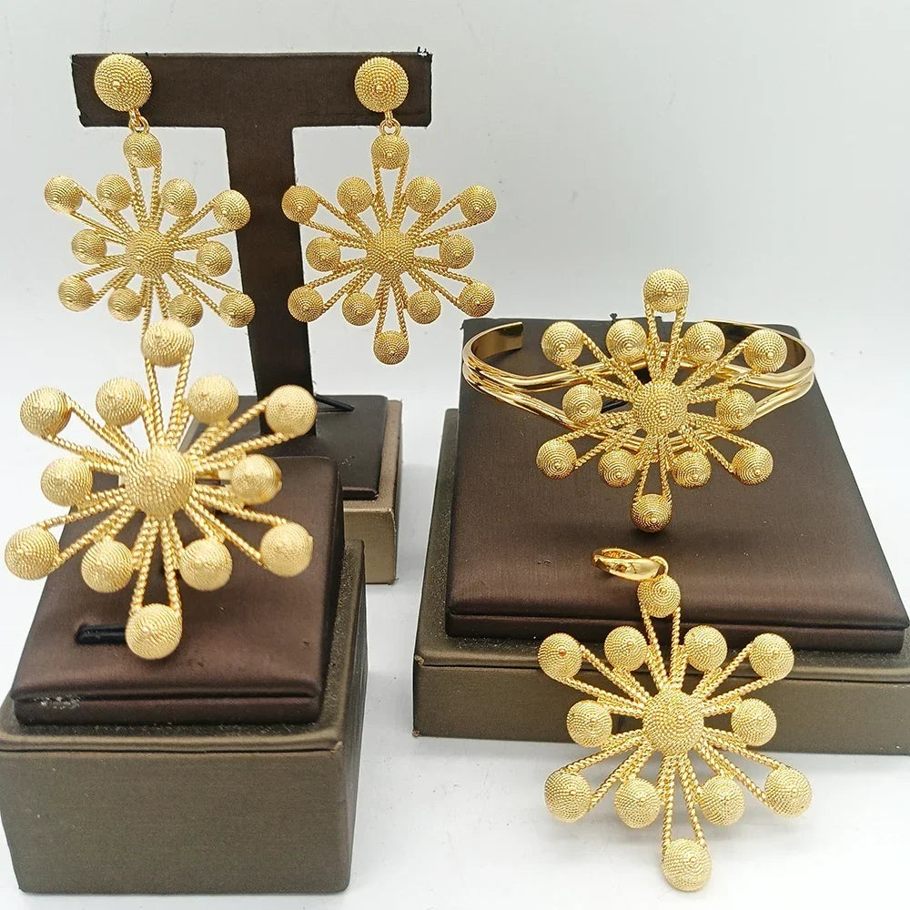 Gold Color Jewelry Sets for Women Bridal Luxury African Map Pendant Earrings Cuff Bangles Adjustable Ring Wedding Ornament Gifts