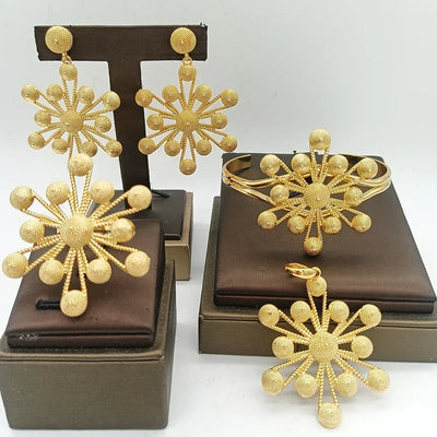 Gold Color Jewelry Sets for Women Bridal Luxury African Map Pendant Earrings Cuff Bangles Adjustable Ring Wedding Ornament Gifts