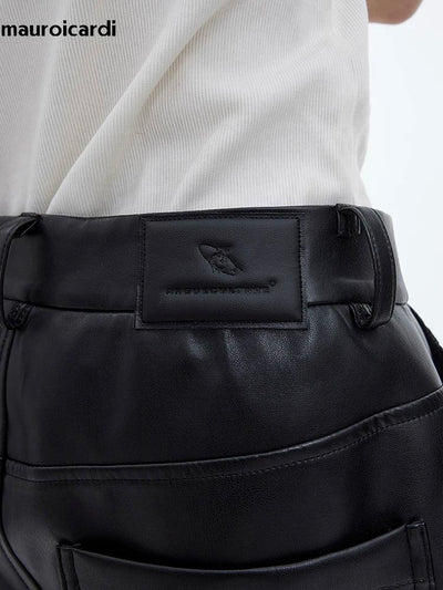 Mauroicardi Autumn Cool Handsome Long Black Matte Baggy Pu Leather Wide Leg Pants for Men High Waist Emo Luxury Designer Clothes