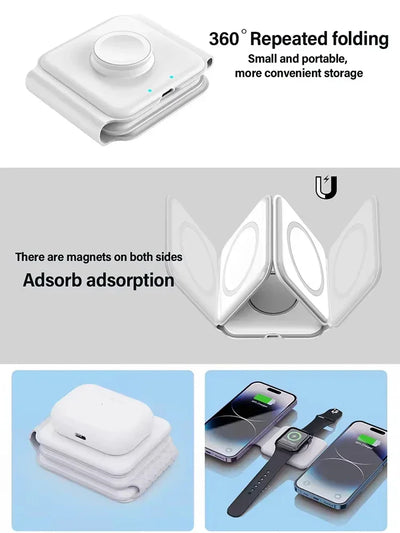 Wireless Charger 3 in 1 Charging Station for iPhone 15/14/13/12 Series Travel Charger for Multiple Devices for AirPods 3/2/Pro A