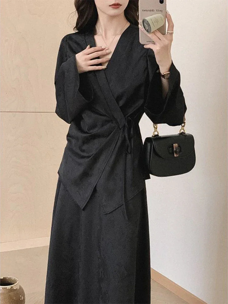 Black Dresses Women Long Sleeve Slim Fit Design Spring Temper Chineses Chic All-match Vintage Fashion Ladies High Waist Vestido