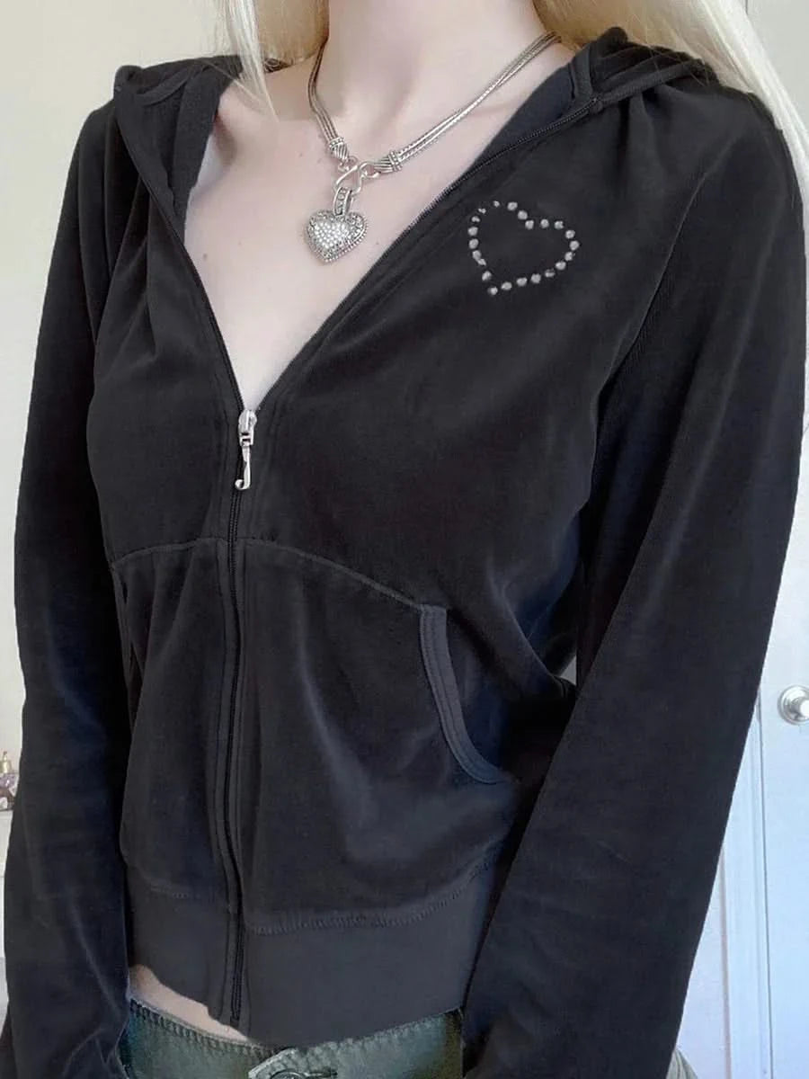 Women Velvet Coats Casual Gothic Grunge Y2K Aesthetic Clothes Zip Up Hooded Sweatshirt Jackets  Autumn Outerwear