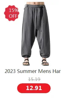 Wide leg Pants Men Streetwear Baggy Loose Pants M-8XL Plus size Ankle length Trousers cotton linen pants Black white khaki