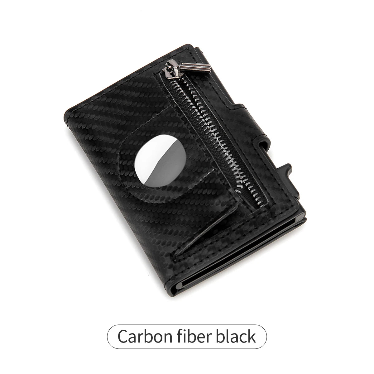 Black carbon fiber RFID wallet with zipper, AirTag cutout, and credit card holder