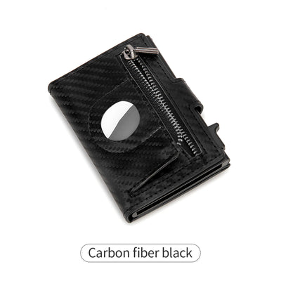 Black carbon fiber RFID wallet with zipper, AirTag cutout, and credit card holder