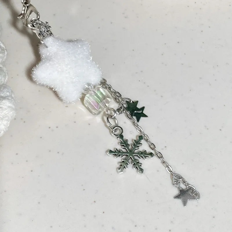 Winter Snowflake Keychain Phone Bag Straps Lanyard Plush Five Pointed Star Keychains Christmas Accessories for Women Girl Gifts