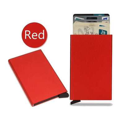 Red slim smart wallet card holder with metallic accents and flip-open design