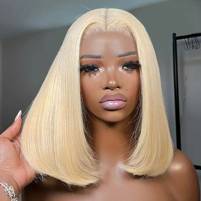 Blonde Bob Wig Human Hair Pre Plucked with Baby Hair Straight 613 Bob Wig Human Hair 180% Density 13x4 HD Transparent Lace Wigs