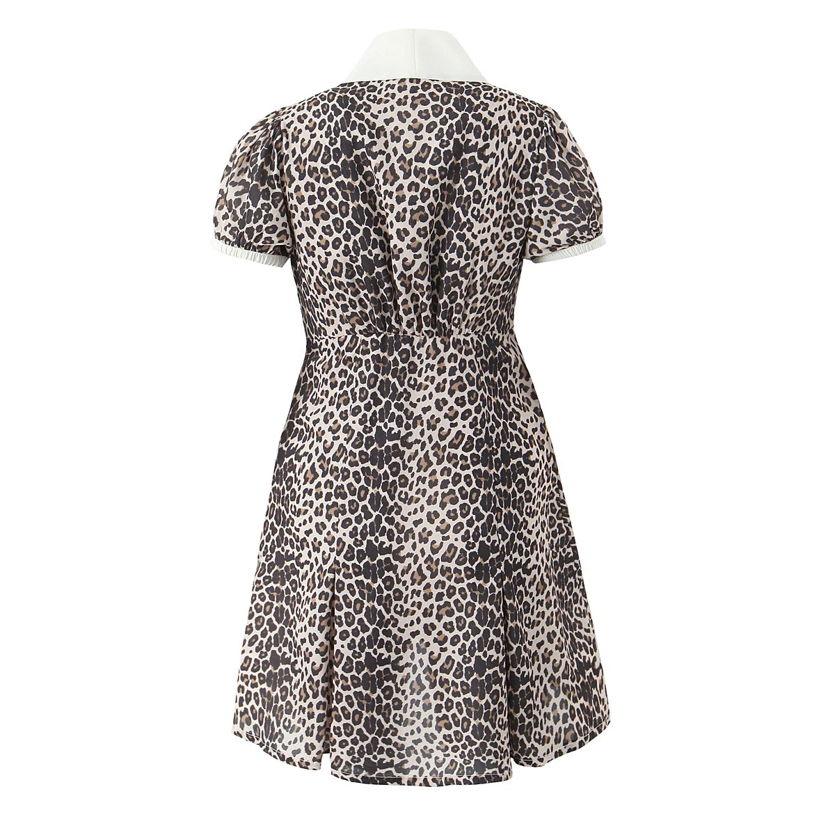 Elegant French style Women Animal Leopard Print Shirt Dress Contrast Color Tie Bow V neck Puff Sleeve Short Dresses Mini Robe
