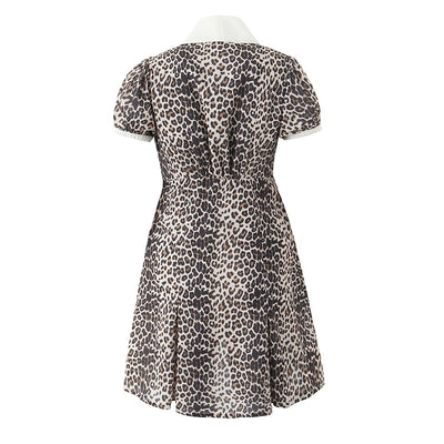 Elegant French style Women Animal Leopard Print Shirt Dress Contrast Color Tie Bow V neck Puff Sleeve Short Dresses Mini Robe