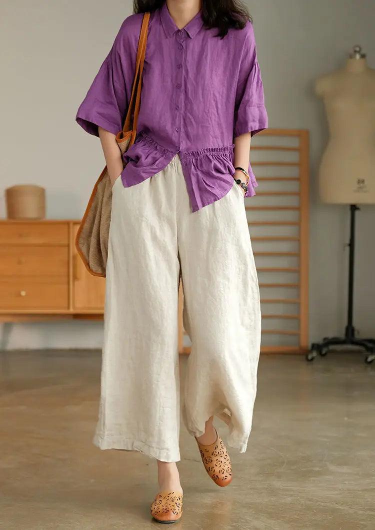 2024 cotton linen home wear loose pants for women summer casual baggy wide leg trousers purple soft capri women’s