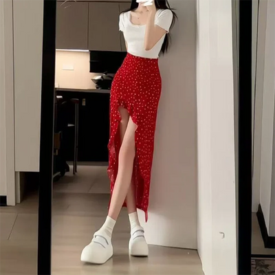 Ruffled Floral Skirt for Women Summer Mid Long High Waist Skirt Red Irregular Sexy Split Skirt Fashion Beachwear Y2k Clothing