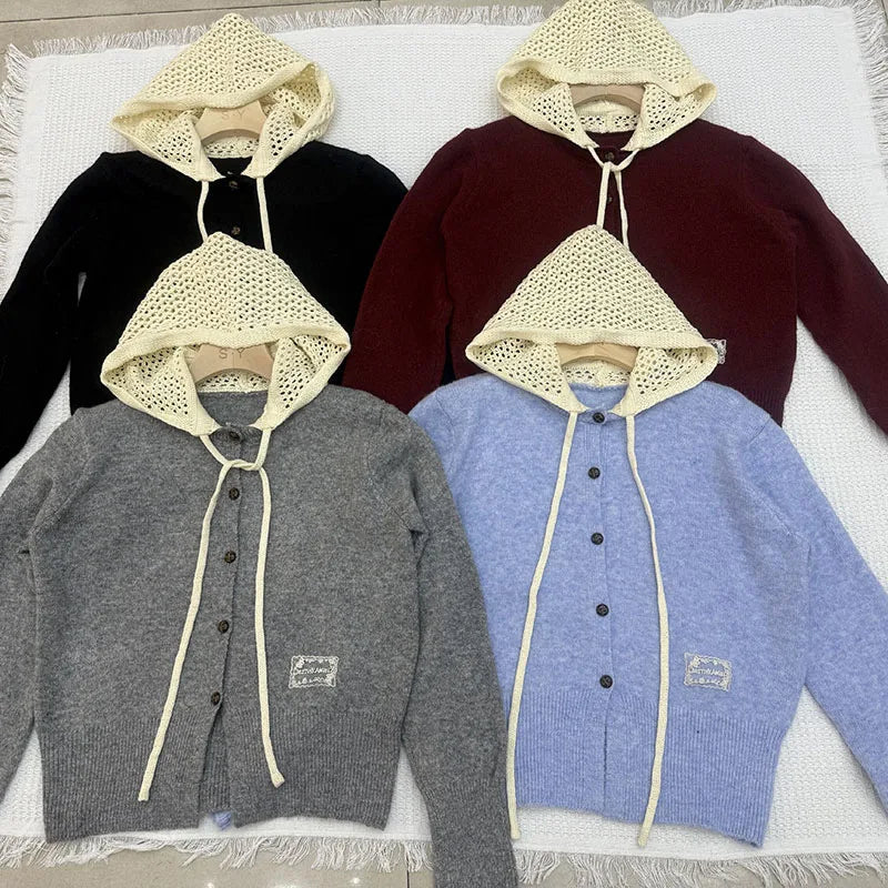 Hooded Sweater Women 2025 Autumn New Arrival Gray Black Or Red Color Knitted Pullover Sweater Korean Style Casual Sweater Tops