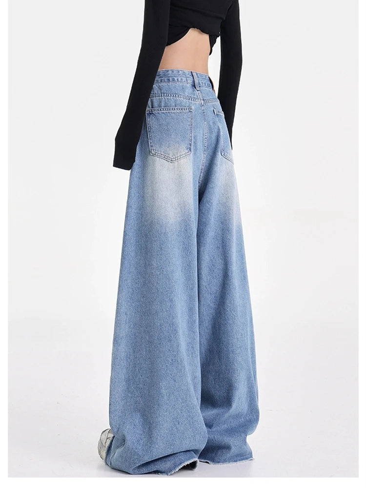 Women's Wide Leg Retro Blue Jeans Cool Girl Street Style Fashion Bottoms Female High Waist Straight Loose Denim Trousers