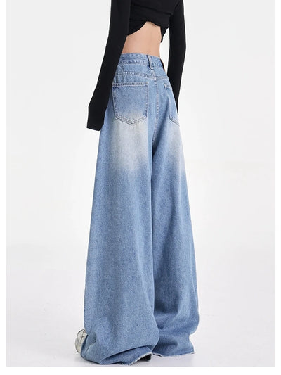 Women's Wide Leg Retro Blue Jeans Cool Girl Street Style Fashion Bottoms Female High Waist Straight Loose Denim Trousers