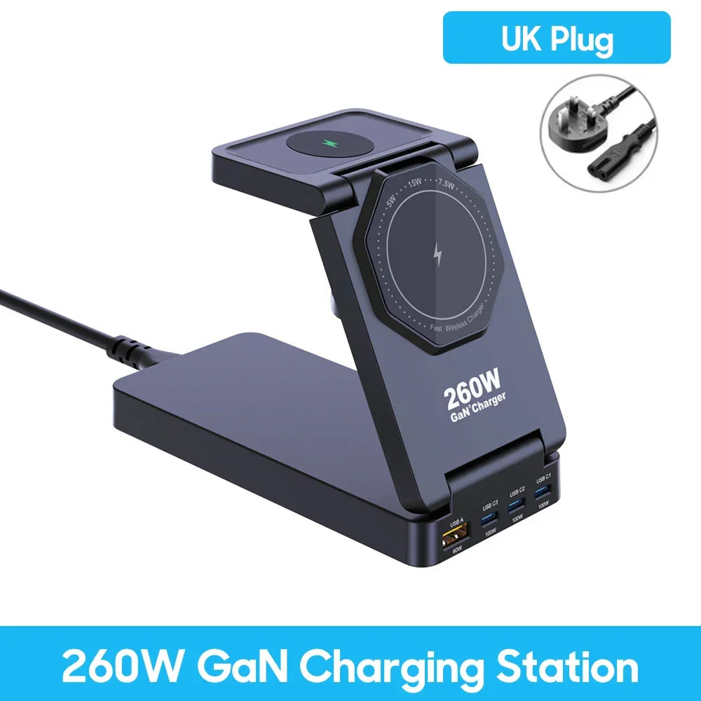 260W Magnetic Wireless Charging Station GaN USB TypeC Charger PPS PD Fast Charge For iPhone 16 15 IWatch AirPods Foldable Holder