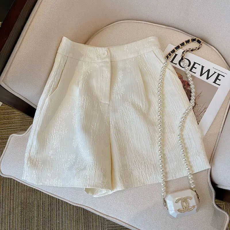 New Chinese Retro Jacquard Shorts  Women with High Waist Casual Loose Design A-line Wide-leg Pants
