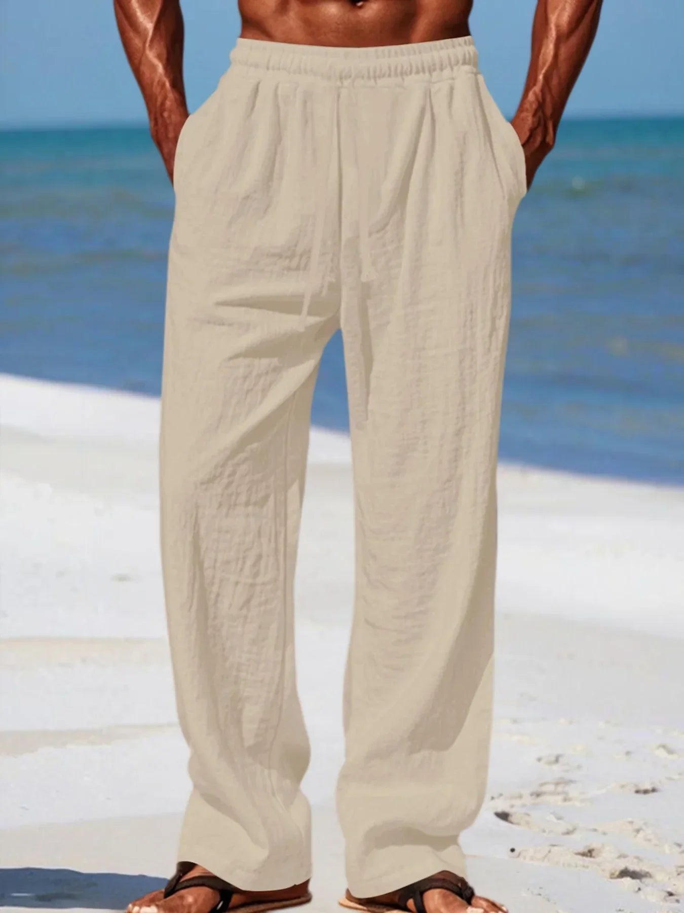 Men's Beach Pants Breathable Loose Straight Trousers Male Summer Casual Solid Color Streetwear Drawstring Long Pants