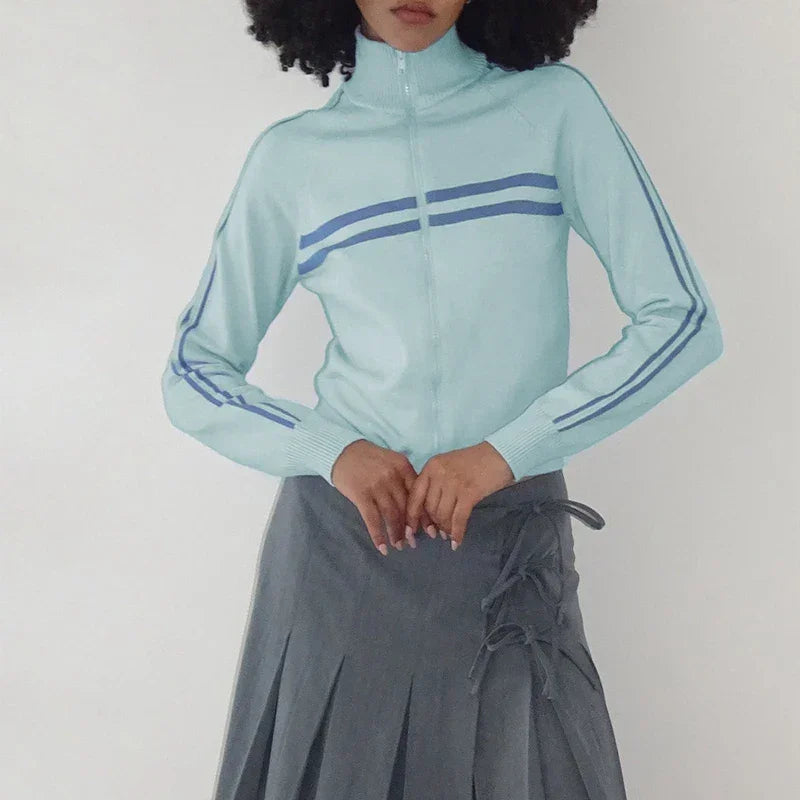 Women Workout Knitted Biker Jacket Vintage Striped Print Casual Long Sleeve Zip up Sweater for Outwear Cardigan Y2k Streetwear