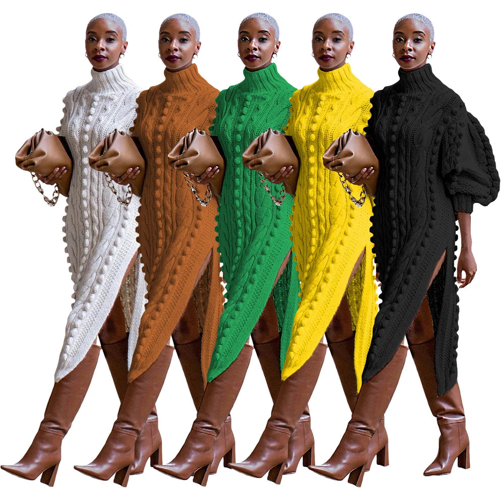 Womens Knitted Dresses High Neck Long Sleeve Sweater Dress with Split Ladies Vintage Knit Midi Dress Casual Fashion Winter