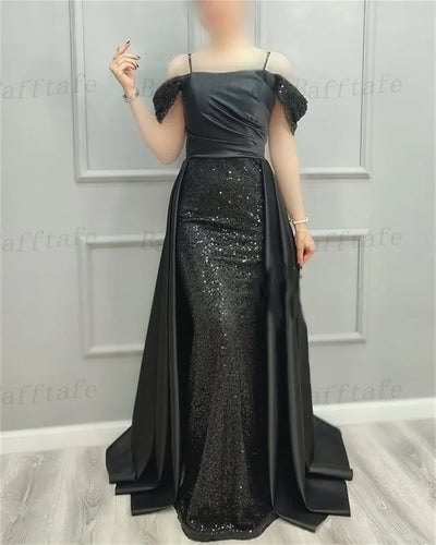 Bafftafe Shiny Sequines Satin Mermaid Evening Dresses Prom Off The Shoulder Straps Customized Women Formal Birthday Party Gowns