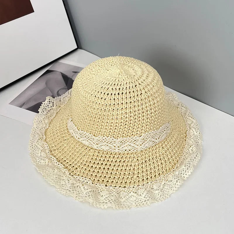 Sunscreen Hat for Women Summer Outdoor Sun Hat Large Brim French Lace Straw Hat Woven Vacation Beach Hat