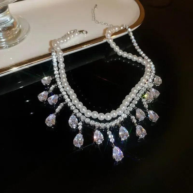 Luxury rhinestone crystal chokers necklaces for women multilayer imitation pearl chain necklace party wedding jewelry