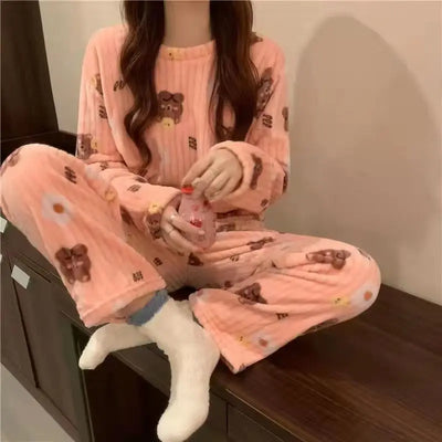Autumn Winter Warm Flannel Fleecing Women Pyjamas Sets Thick Coral Velvet Long Sleeve Cartoon Sleepwear Thin Flannel Pajamas Set