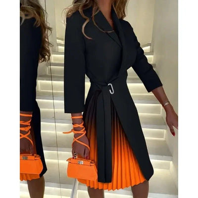 Elegant Women Blazer Dress Office Lady Autumn Winter Long Sleeve Lapel High Waist Corset Belt Folds Party Dress Y2K Chic Clothes