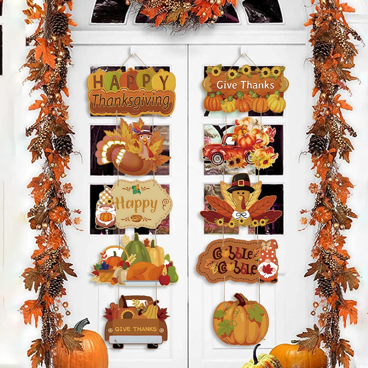 Happy Thanksgiving Day Door Banner Autumn Vine Wreath Dwarf Doll Ornament Gnomes Decorations for Home Tiered Tray Tabletop Decor