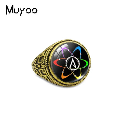 Atheist Atheism Symbol Antique Rings for Men Atheist Logo Glass Cabochon Fashion Dome Rings Handmade Jewelry Vintage Ring