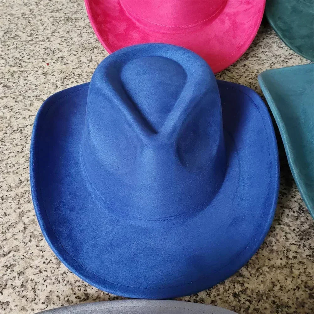 Classic suede leather 7.5cm western cowboy women’s fedora hat men’s church jazz fashion travel party denim 2024