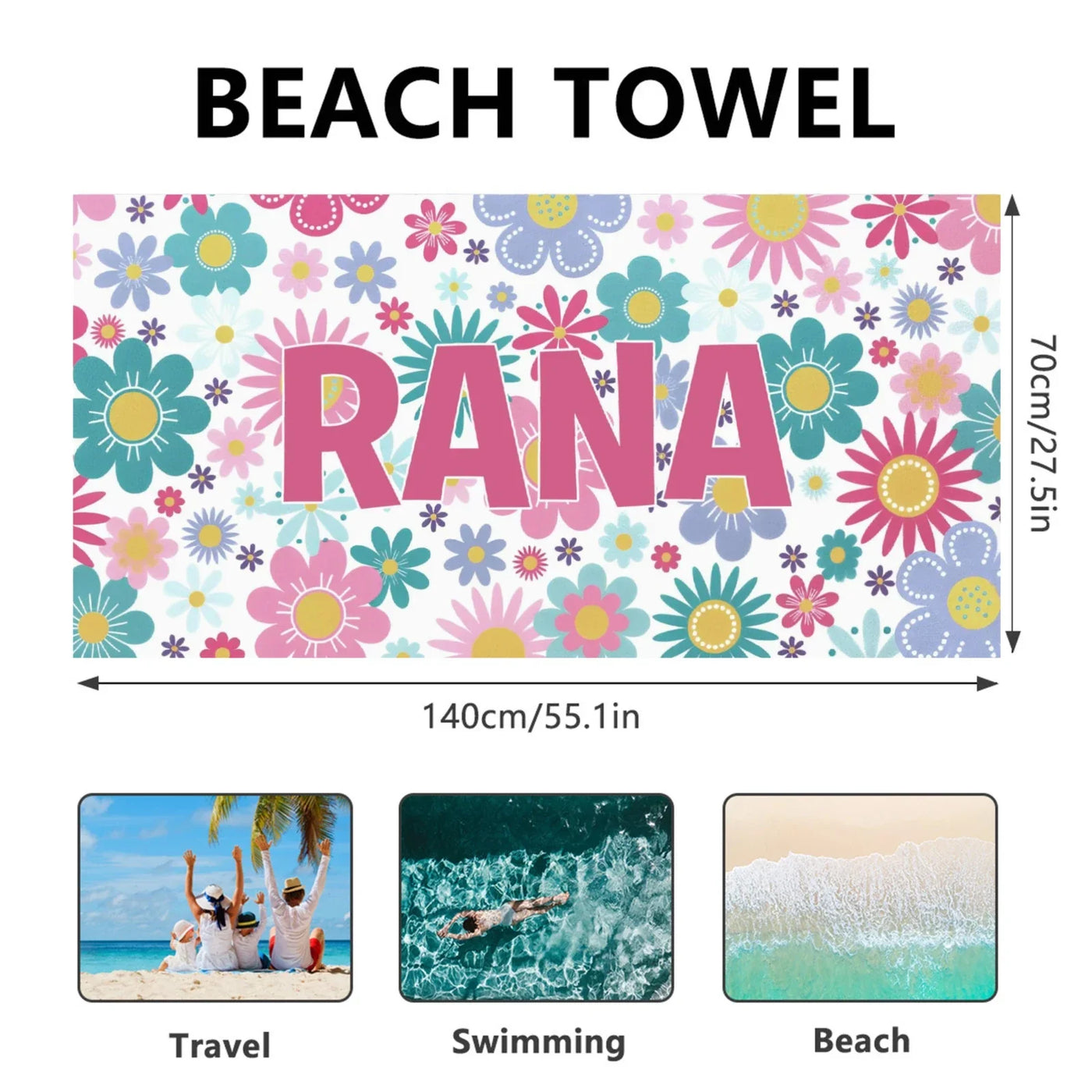 Bohemian Custom Name Beach Towel Floral Microfiber Towels Absorbent Quick-Drying Soft Yoga Swimming Towels Gift For Birthday