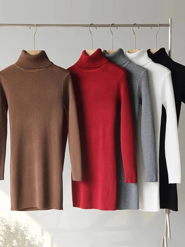 Elegant Turtleneck Knitted Women Dress Elastic Long Sleeve Above Knee vestidos mujer Basics Solid Slim-fit Dresses Female