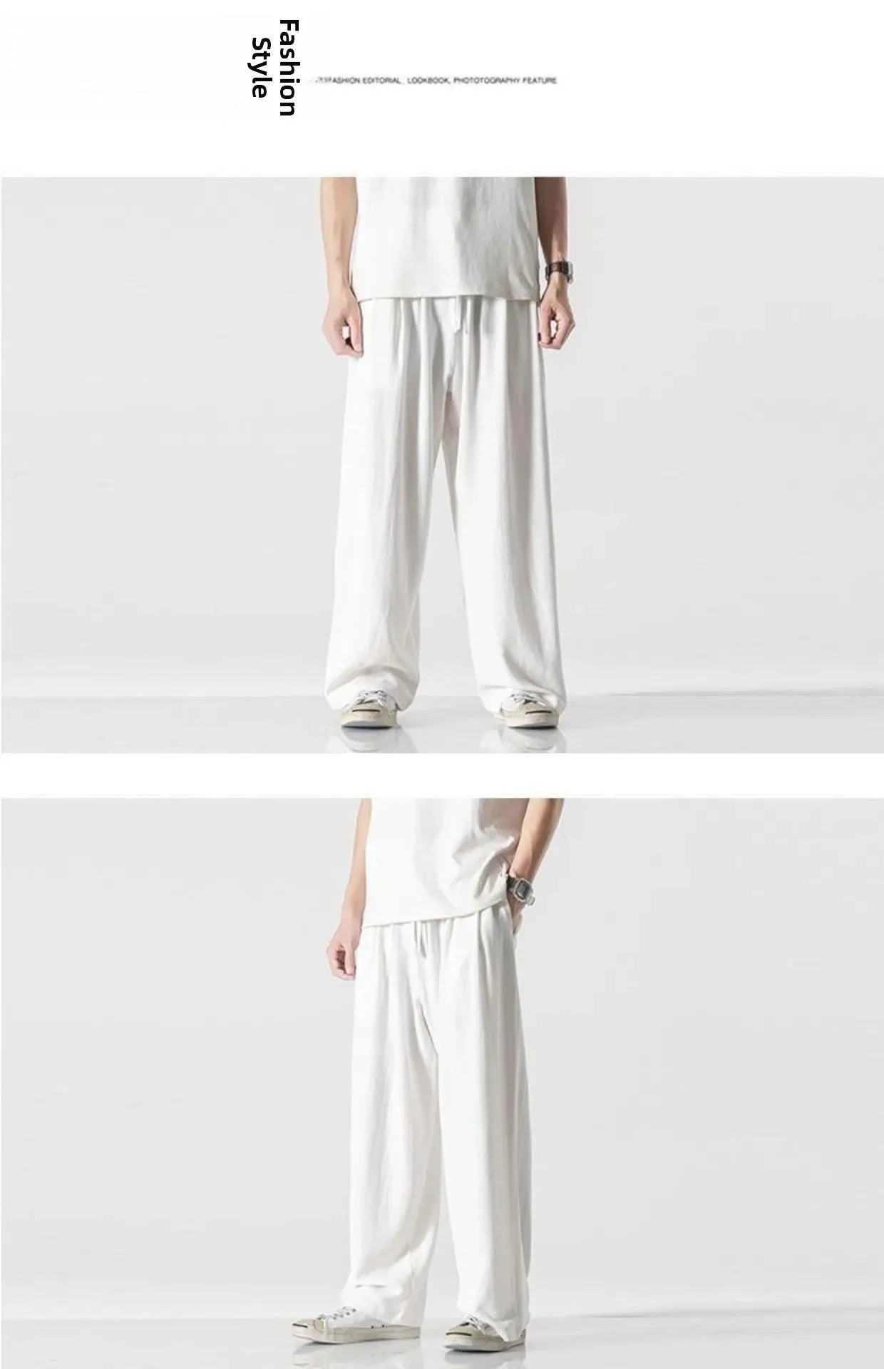 Summer Large Size Linen Cotton Wide Leg Pants Men Casual Comfortable Loose Fit Straight Leg Trousers Long Pants